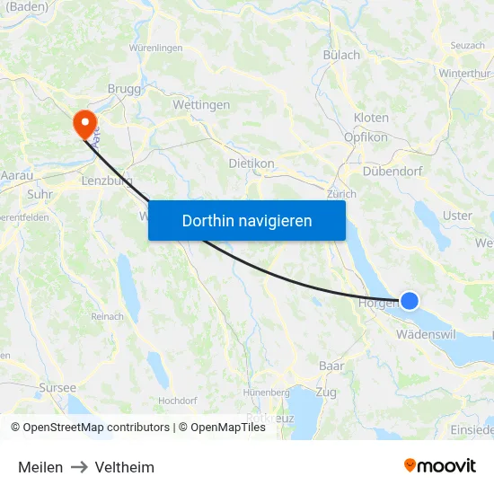 Meilen to Veltheim map