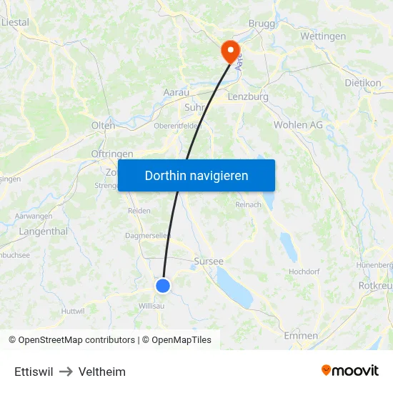 Ettiswil to Veltheim map