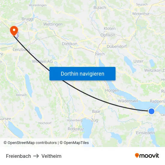 Freienbach to Veltheim map