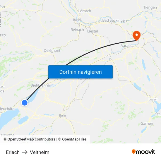 Erlach to Veltheim map