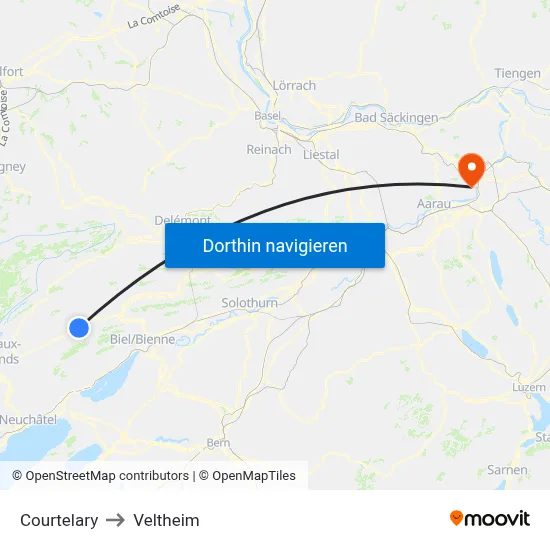 Courtelary to Veltheim map