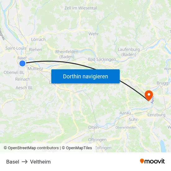 Basel to Veltheim map