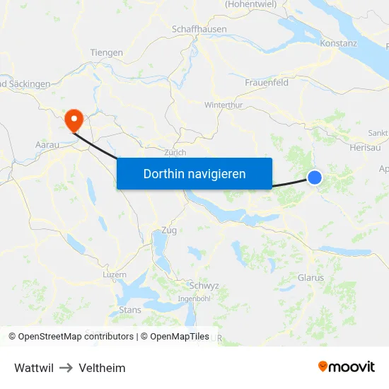 Wattwil to Veltheim map
