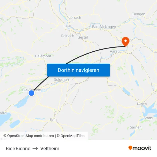 Biel/Bienne to Veltheim map