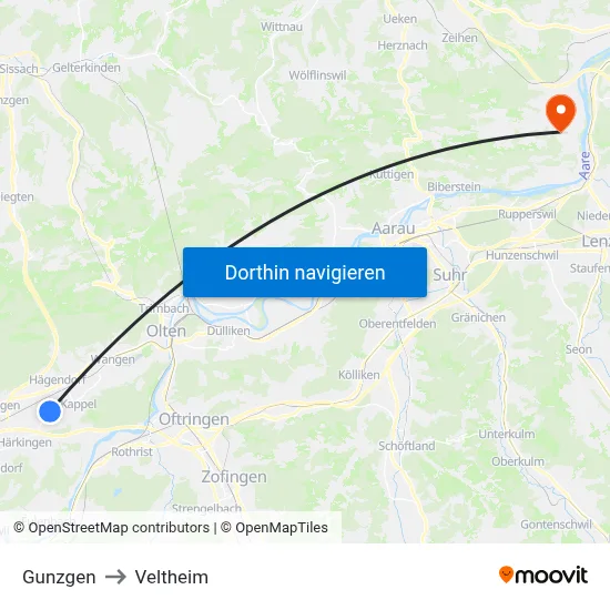 Gunzgen to Veltheim map