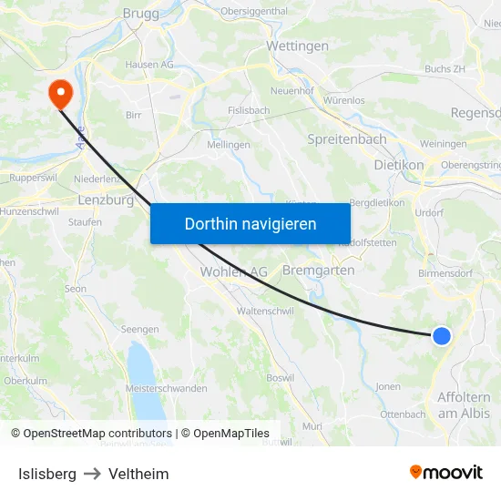 Islisberg to Veltheim map