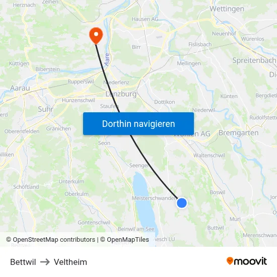 Bettwil to Veltheim map