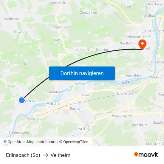 Erlinsbach (So) to Veltheim map