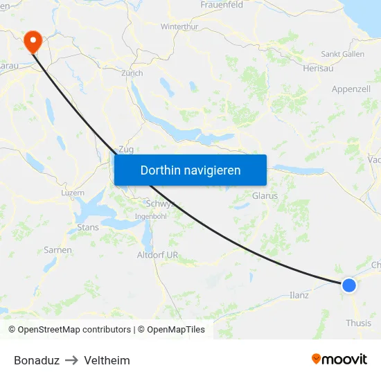 Bonaduz to Veltheim map