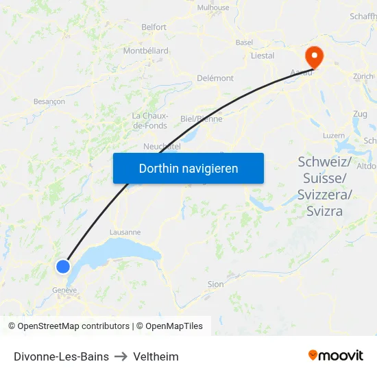 Divonne-Les-Bains to Veltheim map