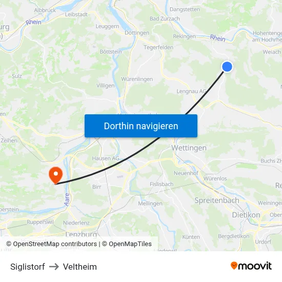 Siglistorf to Veltheim map
