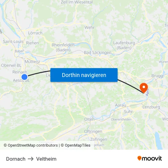Dornach to Veltheim map