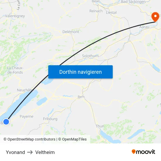 Yvonand to Veltheim map