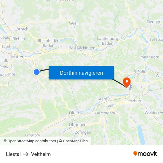 Liestal to Veltheim map