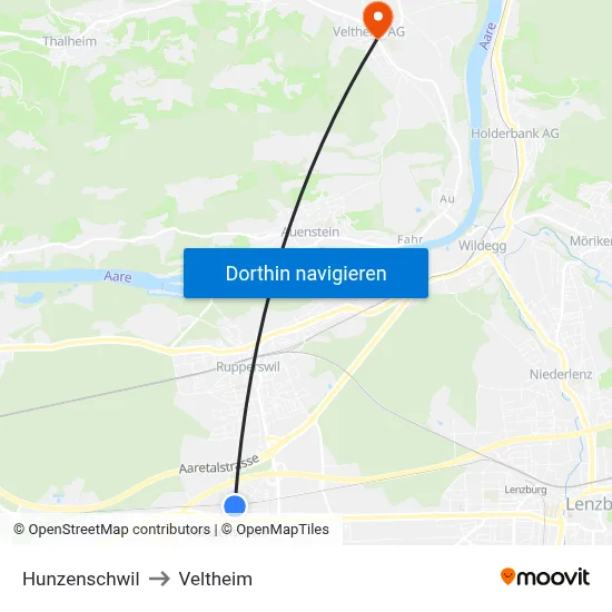 Hunzenschwil to Veltheim map
