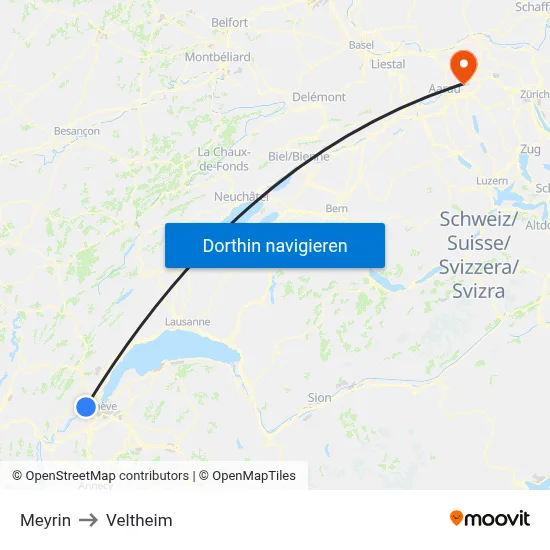 Meyrin to Veltheim map
