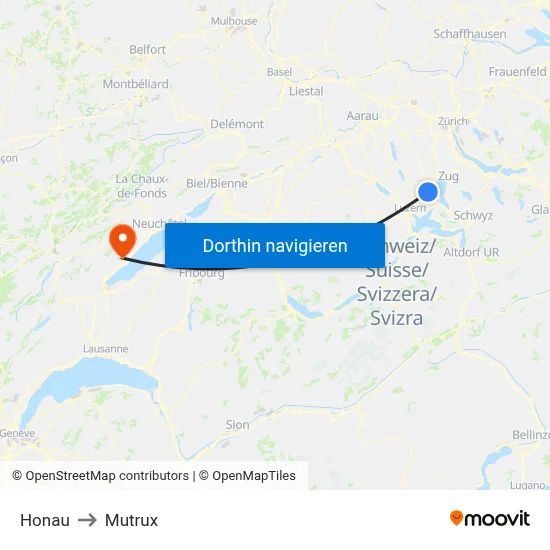 Honau to Mutrux map