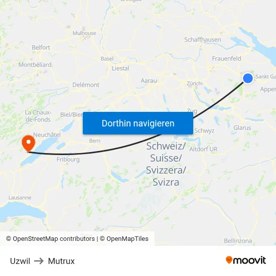Uzwil to Mutrux map