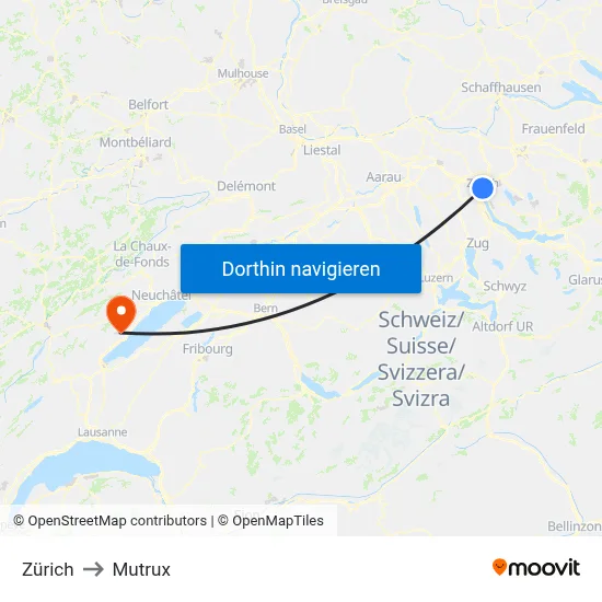 Zürich to Mutrux map