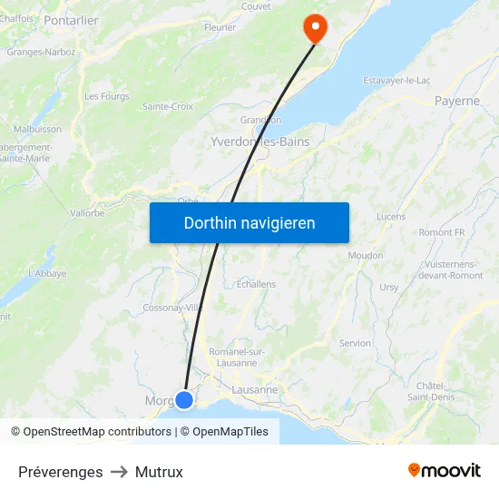 Préverenges to Mutrux map