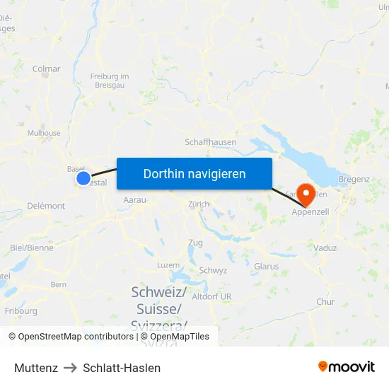 Muttenz to Schlatt-Haslen map