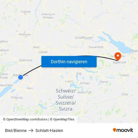 Biel/Bienne to Schlatt-Haslen map