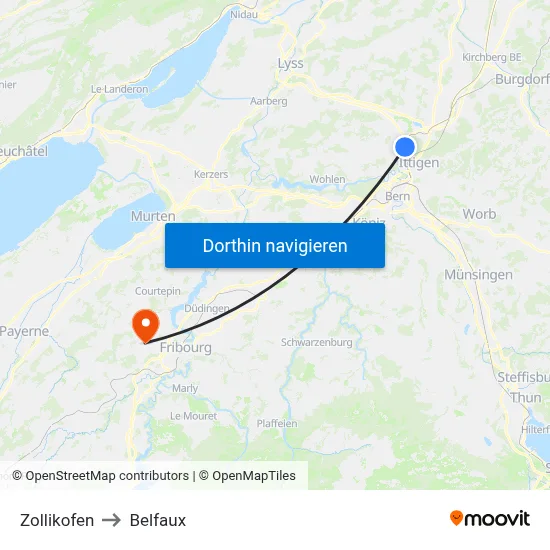 Zollikofen to Belfaux map