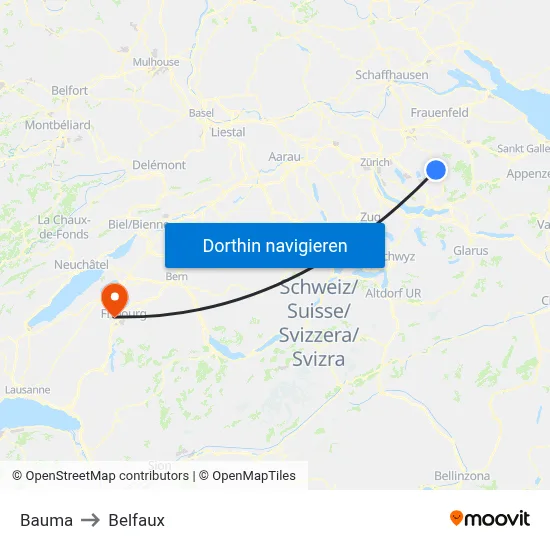 Bauma to Belfaux map
