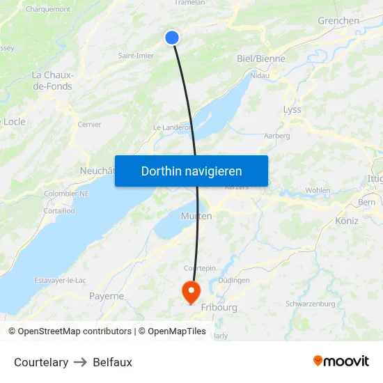 Courtelary to Belfaux map