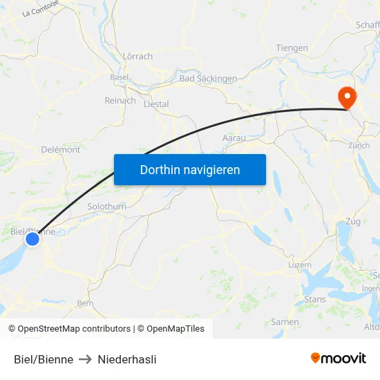 Biel/Bienne to Niederhasli map