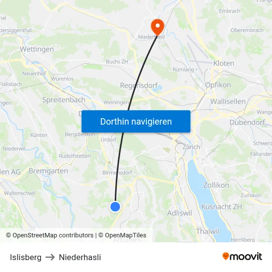Islisberg to Niederhasli map