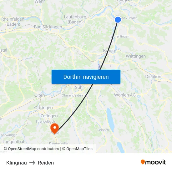 Klingnau to Reiden map