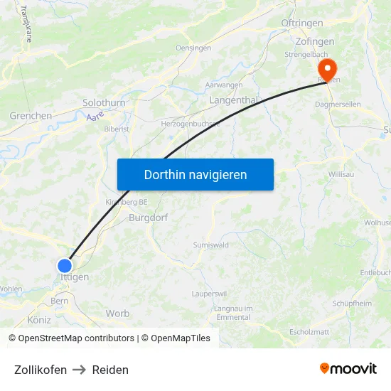 Zollikofen to Reiden map