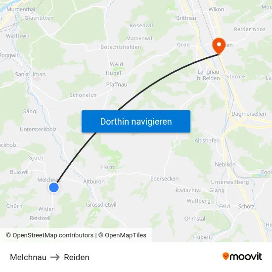 Melchnau to Reiden map