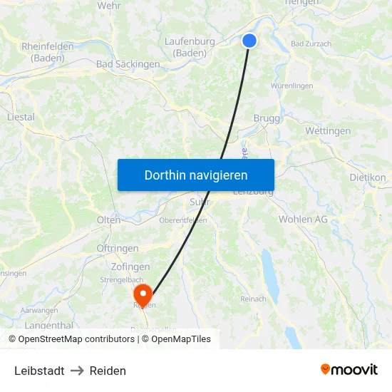 Leibstadt to Reiden map