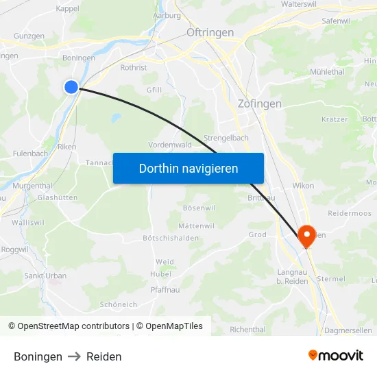 Boningen to Reiden map