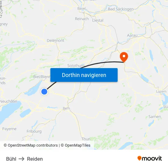 Bühl to Reiden map