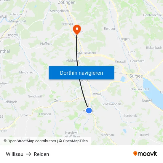 Willisau to Reiden map
