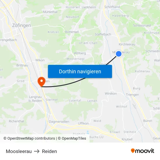Moosleerau to Reiden map