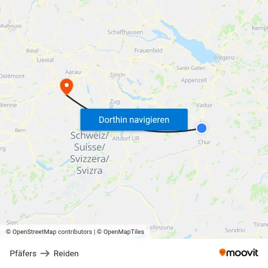 Pfäfers to Reiden map