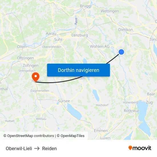 Oberwil-Lieli to Reiden map