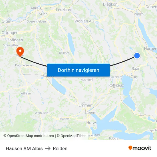 Hausen AM Albis to Reiden map