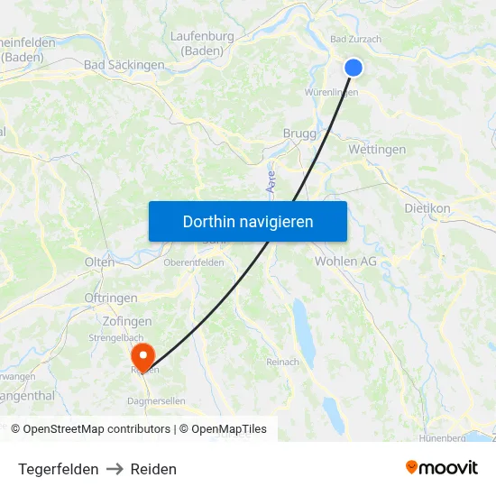 Tegerfelden to Reiden map