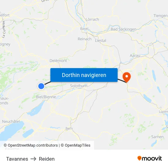 Tavannes to Reiden map