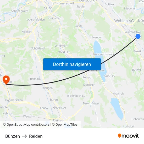 Bünzen to Reiden map