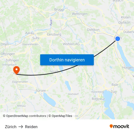 Zürich to Reiden map
