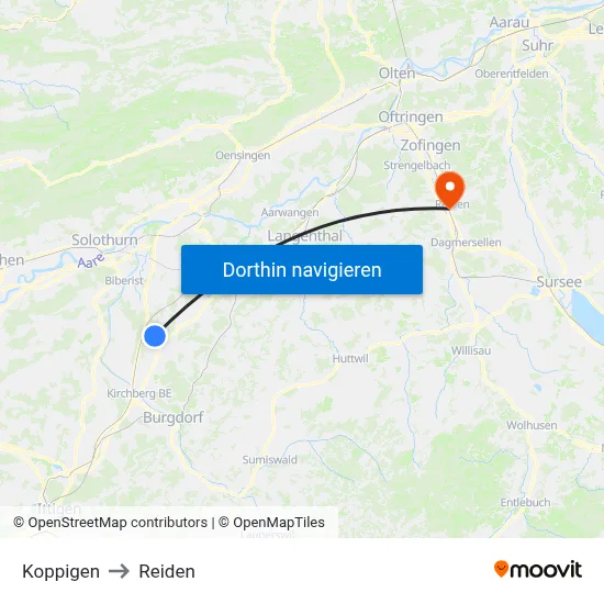 Koppigen to Reiden map
