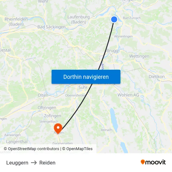 Leuggern to Reiden map