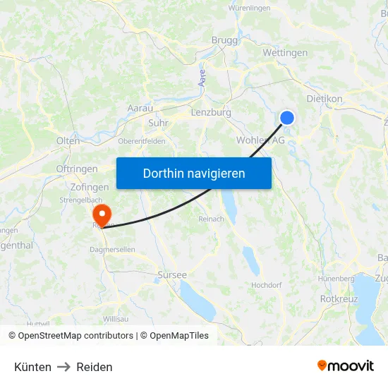 Künten to Reiden map