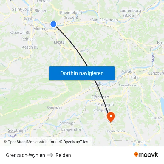 Grenzach-Wyhlen to Reiden map